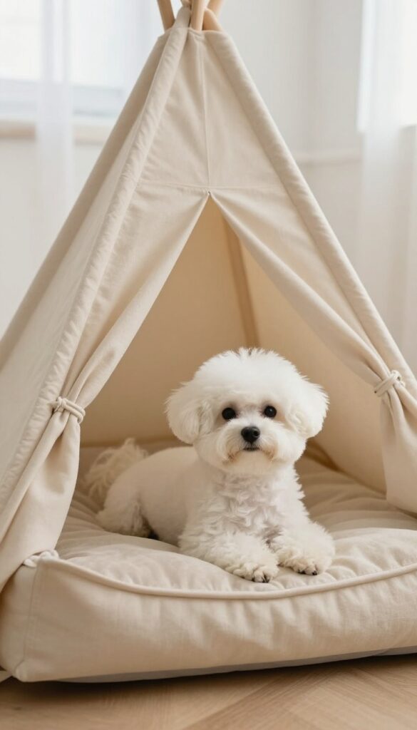Small white dog sleeping in a beige canvas teepee dog bed in a bright living room corner