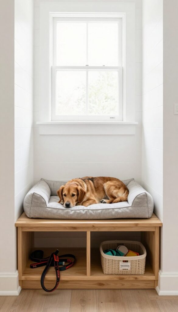 Built-in bench with dog bed underneath in entryway