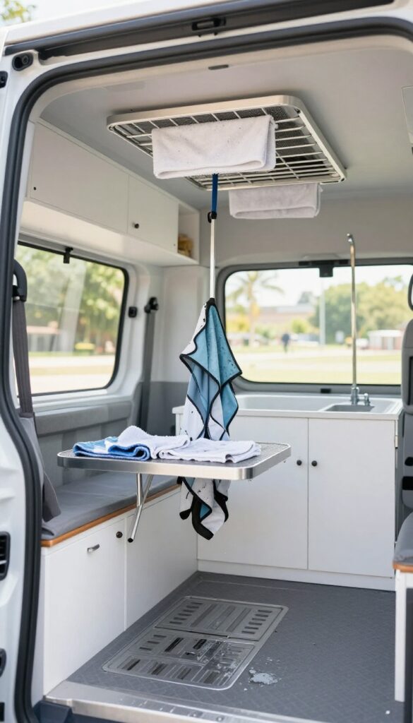 Ceiling-mounted drying rack in a dog grooming van with wet towels and a dog drying coat hanging, drip tray underneath