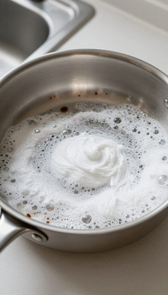 Stainless steel pan with hydrogen peroxide and baking soda paste fizzing on burnt stains