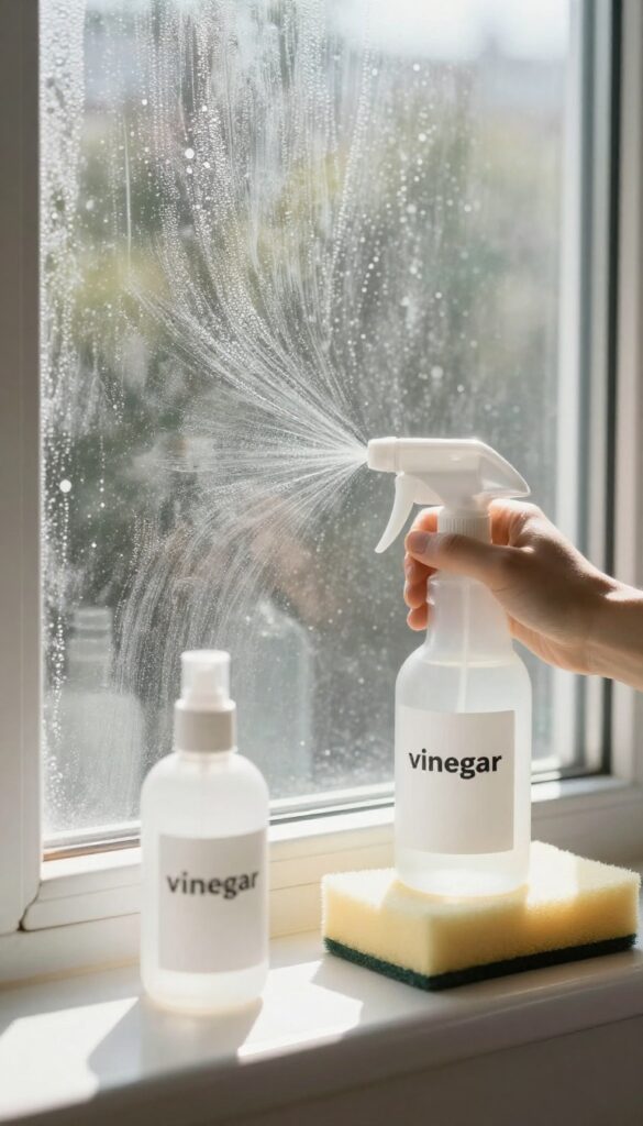 Close-up of a window with hard water stains and a vinegar spray bottle on the sill