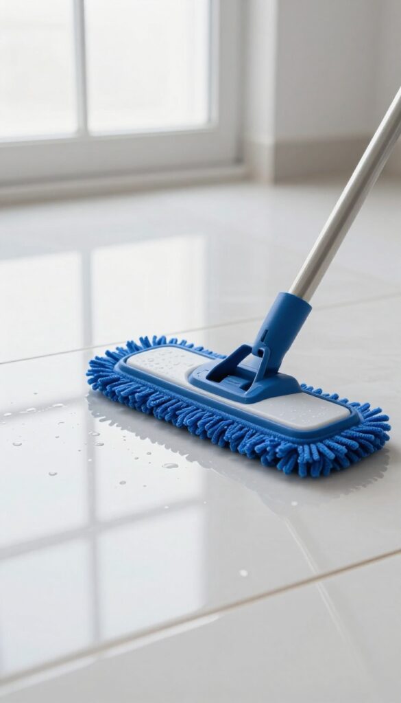 Microfiber mop cleaning shiny tile floor