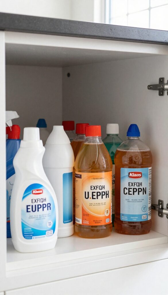 Cleaning products organized by expiration date in a cabinet