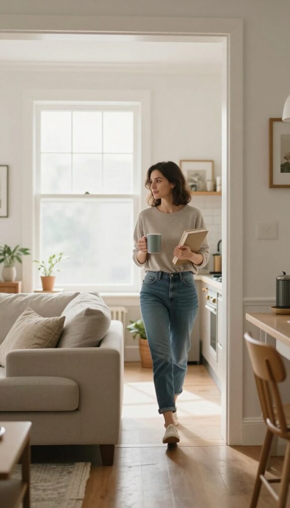 Person carrying a coffee mug and book while walking from living room to kitchen, illustrating the No Empty Hands rule for home organization.