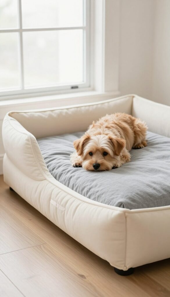 Crib mattress dog bed with bolster border for head support, dog resting head on bolster