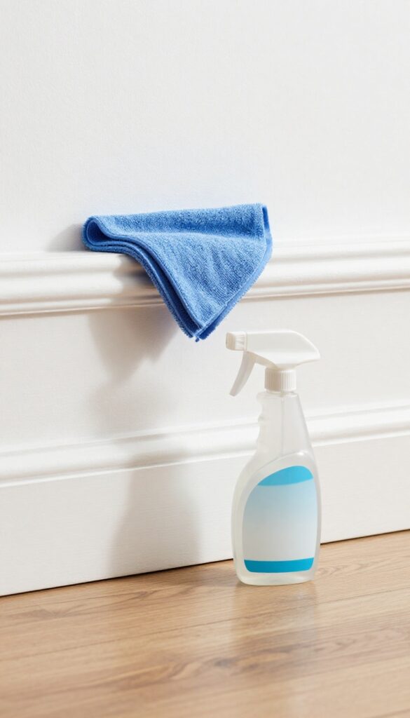A microfiber cloth wiping a clean white baseboard with a spray bottle nearby
