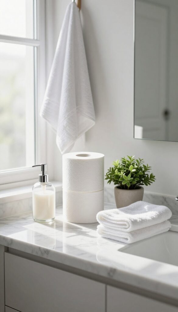 Bathroom essentials restocked on a clean marble countertop with natural light
