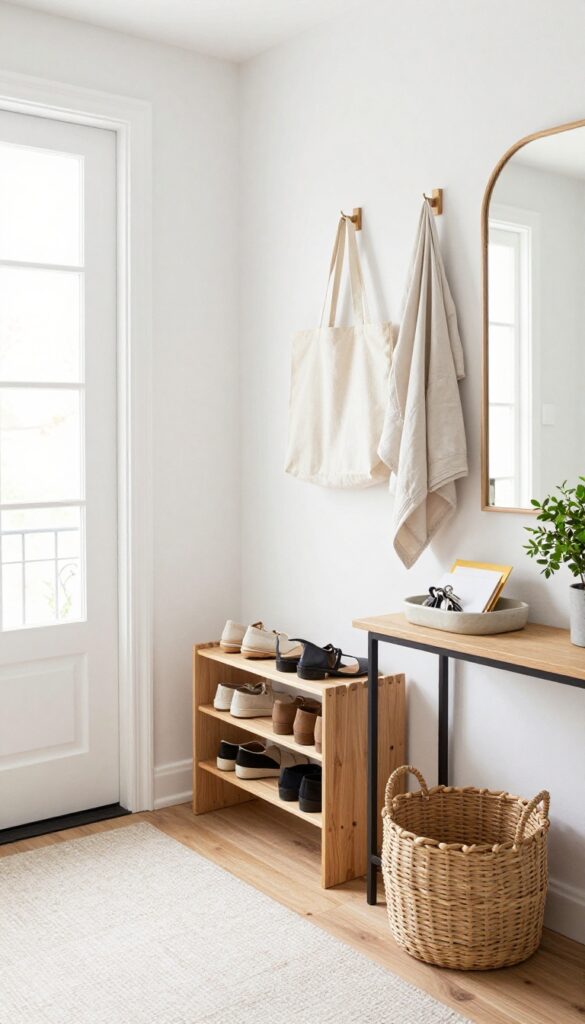 Organized entryway with shoe rack, hooks for bags, and a tray for mail, creating a calm and clutter-free space.