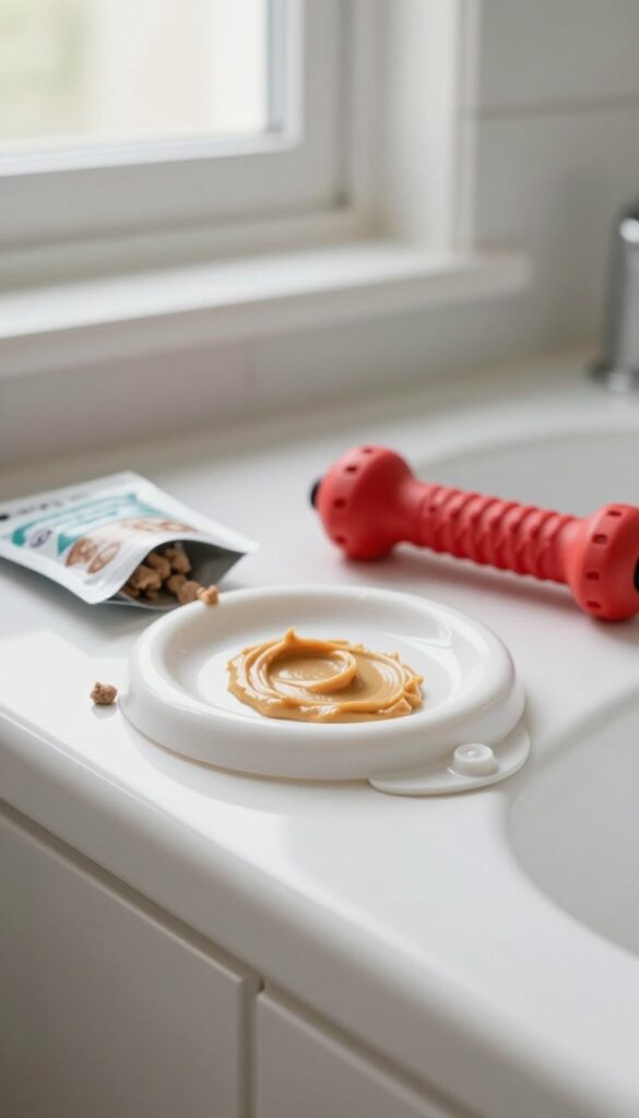 Dog grooming treats and lick mat on bathroom counter