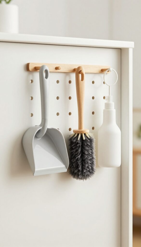 Inside cabinet door with pegboard organizing cleaning tools