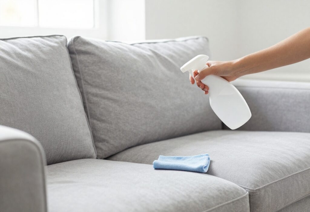 Person cleaning a fabric couch with a spray bottle and cloth in a sunlit living room