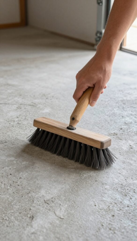 Person scrubbing concrete garage floor with a deck brush