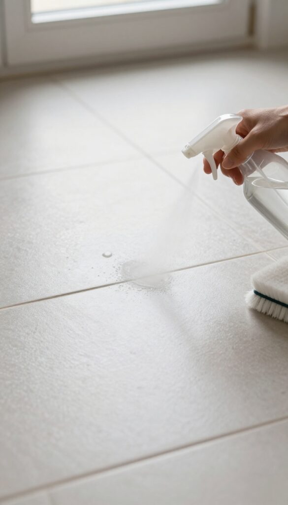 Cleaning ceramic tile floor with vinegar and water solution spray bottle and soft brush, bright natural light