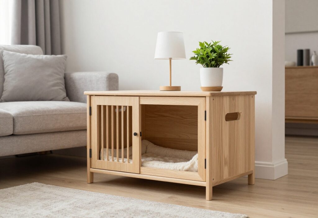 Decorative dog crate styled as a side table in a modern living room