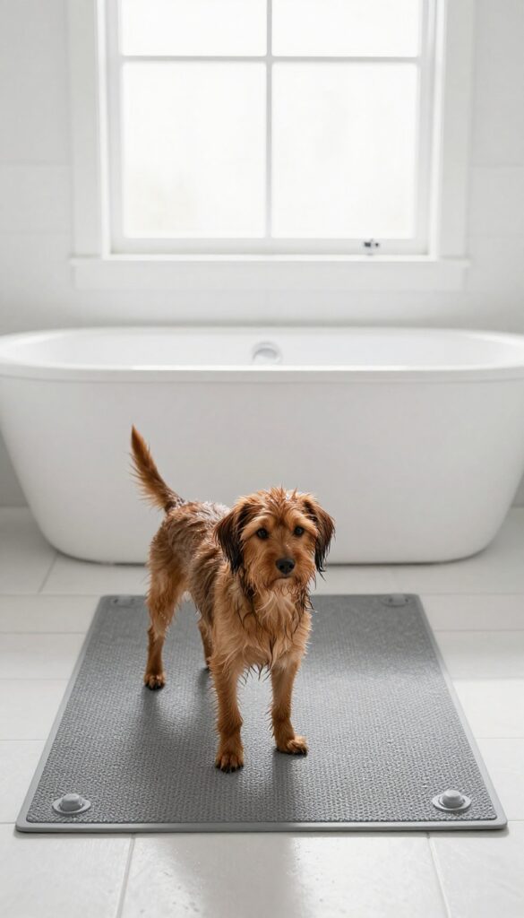 A dog standing on a non-slip bath mat inside a bathtub, bathroom setting with natural light.
