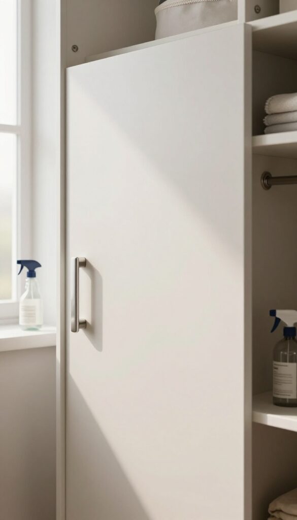 Clean closet door with handle, microfiber cloth, and scented sachet in bright bedroom