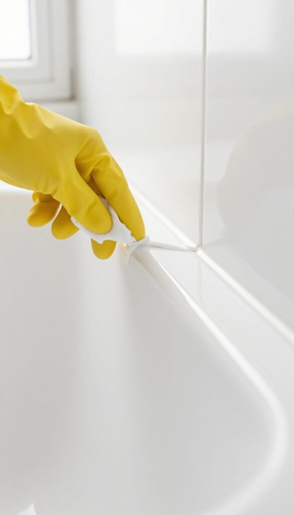 Hand inspecting bathroom caulk line for cracks or mold