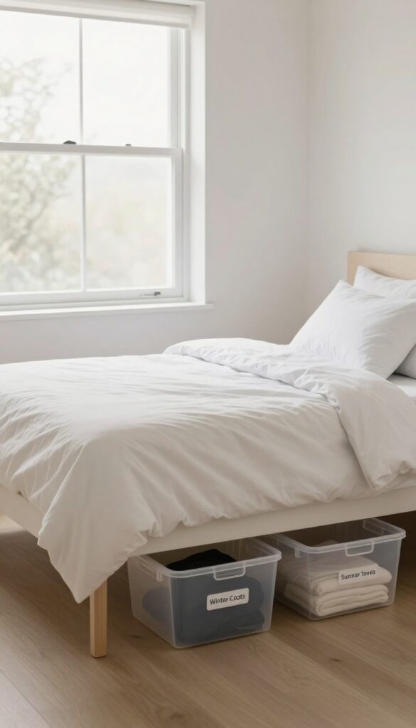 Under-bed storage bins labeled for seasonal items in a clean, bright bedroom