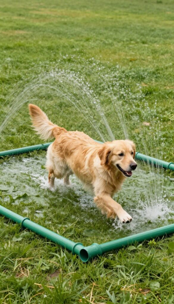 Golden retriever playing in a DIY PVC splash pad in a sunny backyard
