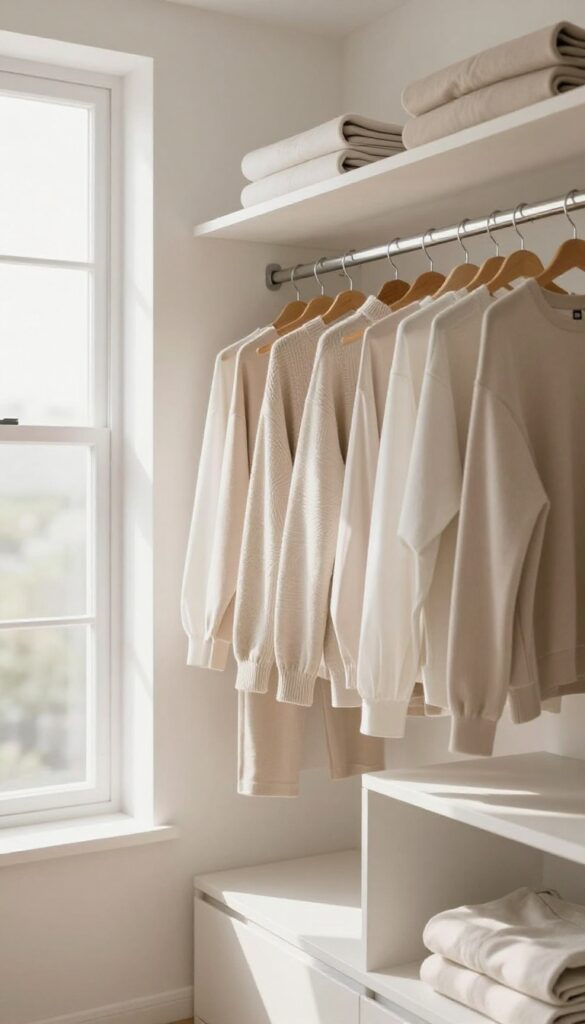 Closet with hangers turned backward as a decluttering trick