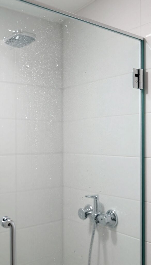 Clear glass shower door with water beading up after applying a rain repellent coating