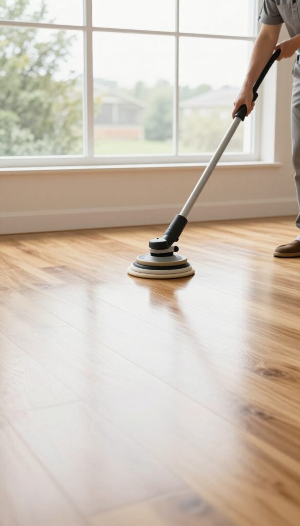 Professional floor cleaner using a buffing machine on shiny wood floors in a bright room