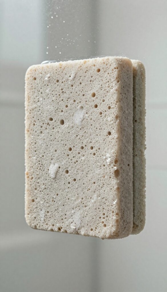 Using a pumice stone to remove hard water rings from a glass shower door