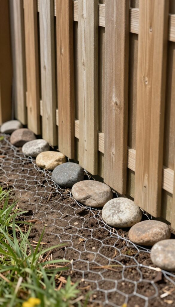 A secure wooden fence with chicken wire buried at the base and large river rocks to prevent digging, in a sunny backyard.