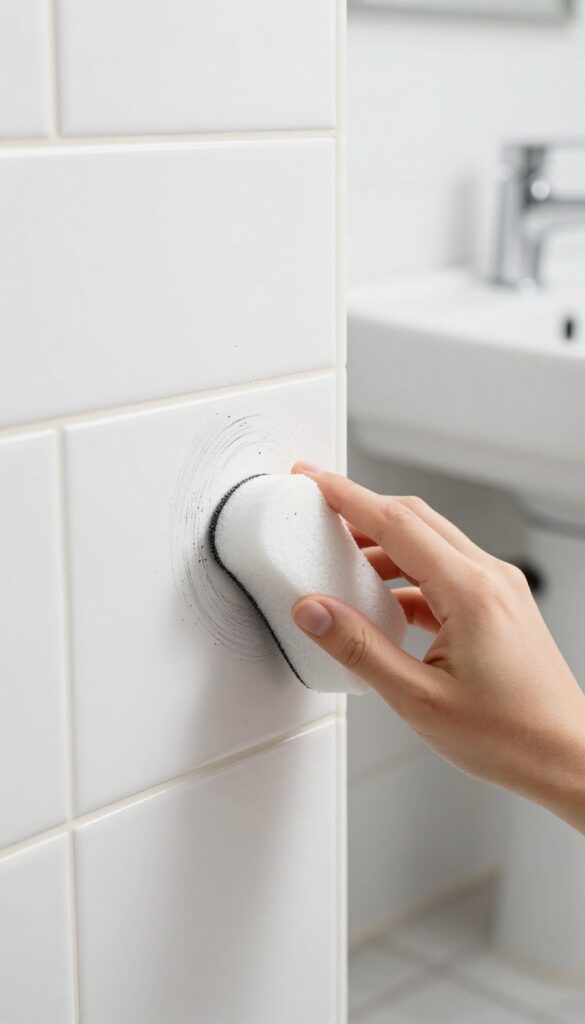 Hand using a damp magic eraser to remove scuff marks from a white bathroom baseboard.