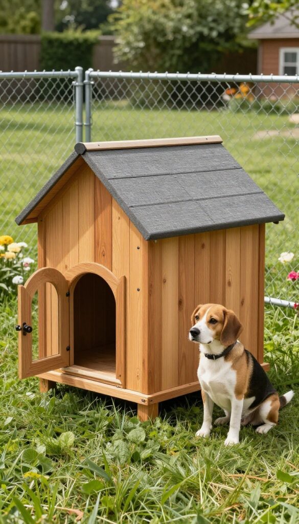 Classic A-frame dog house with attached run in a sunny backyard
