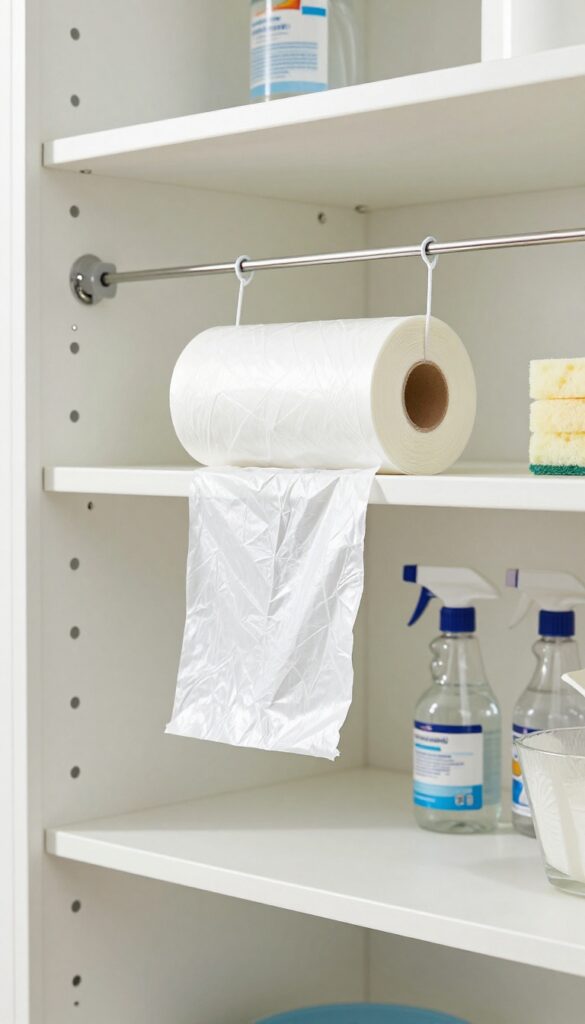Organized cleaning cupboard with a tension rod holding a roll of trash bags under a shelf