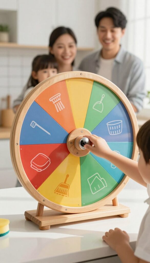 A child spinning a colorful chore wheel in a bright kitchen, family in background