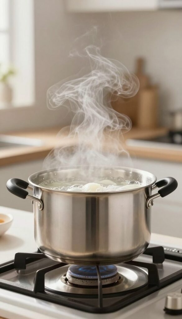 Boiling vinegar solution in a burnt stainless steel pot on a stove
