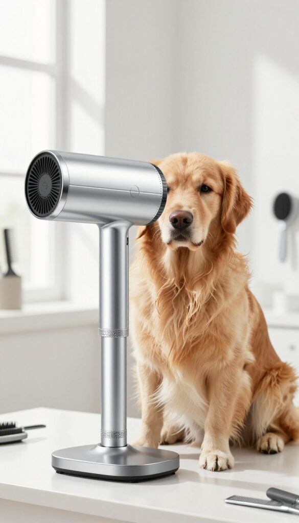High-velocity dog dryer on grooming table with golden retriever
