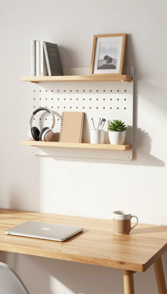Vertical storage above a desk with a pegboard and floating shelf holding notebooks, headphones, and a plant, keeping the desk surface clear.
