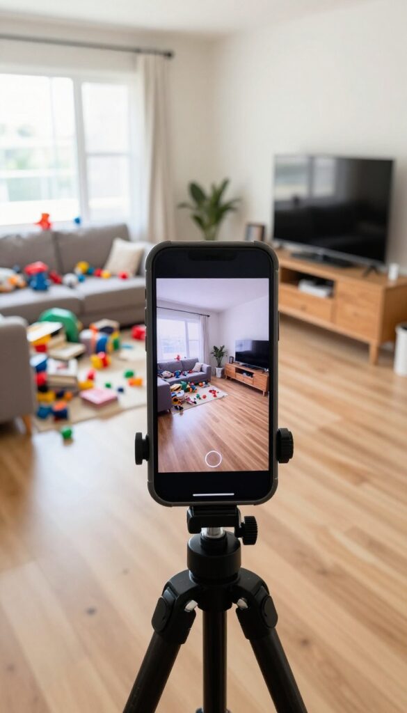 Smartphone on tripod recording time-lapse of room cleaning transformation