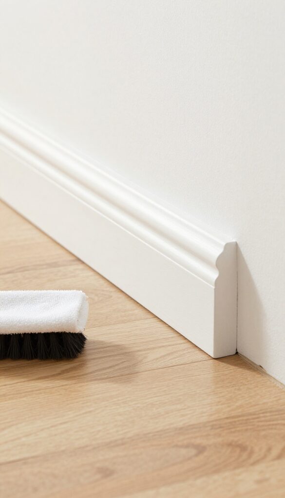 Clean baseboard and crown molding with cleaning tools in natural light