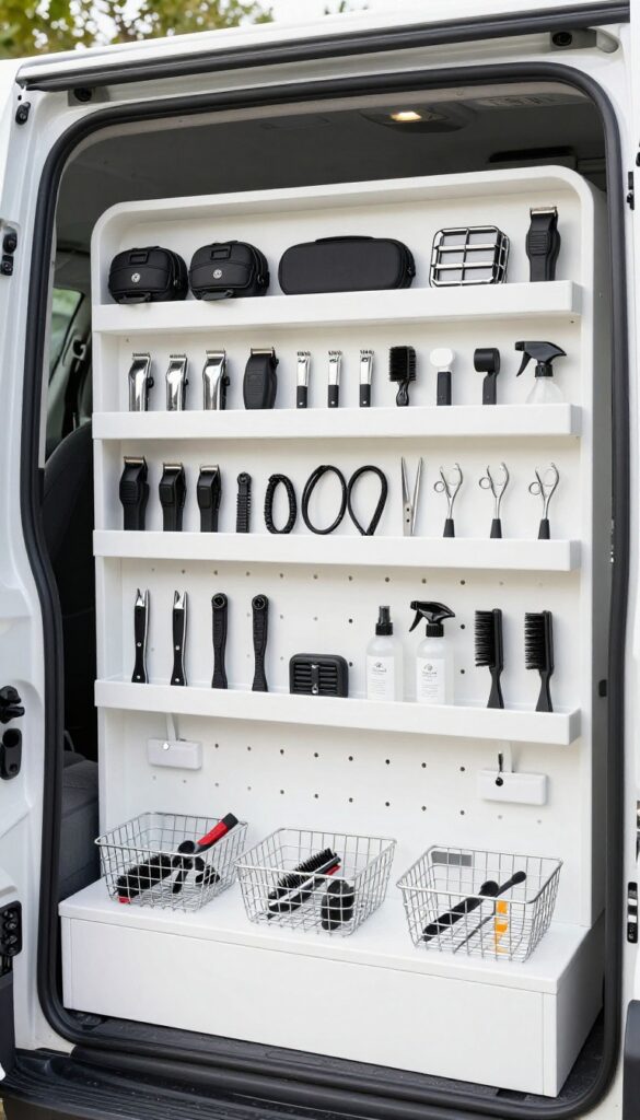Pegboard wall storage in a dog grooming van with organized tools