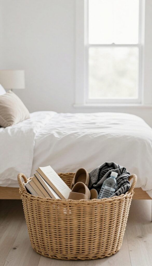 A laundry basket filled with misplaced items in a bright, organized bedroom