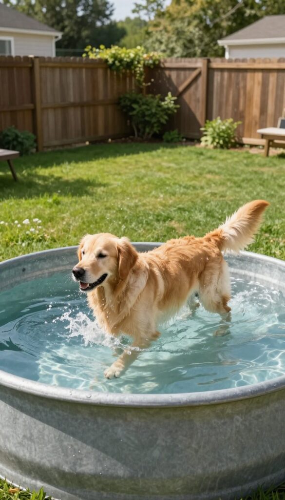 Large dog splashing in a galvanized stock tank pool in a sunny backyard