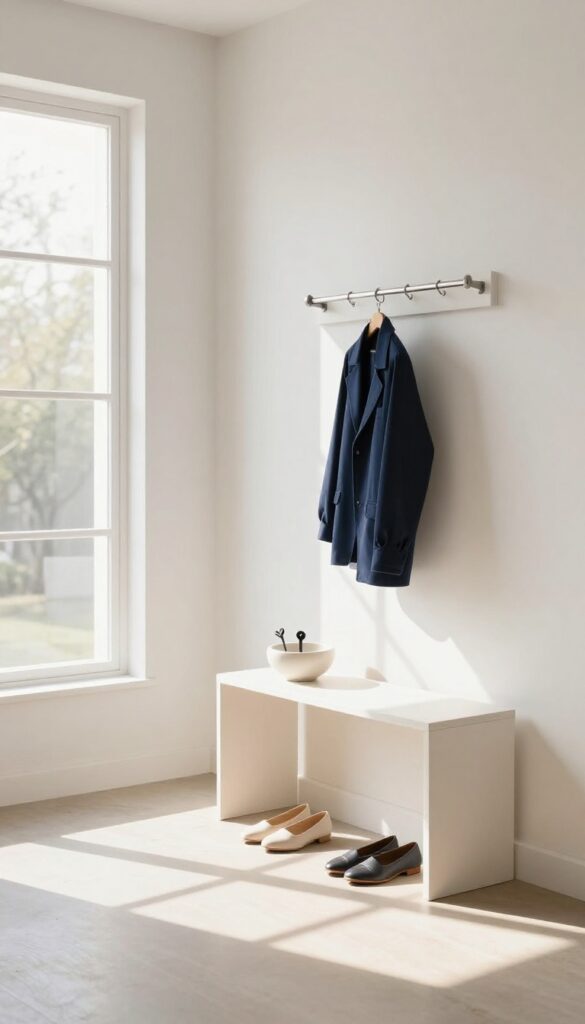 A tidy entryway with a coat rack, console table, and organized accessories in natural light