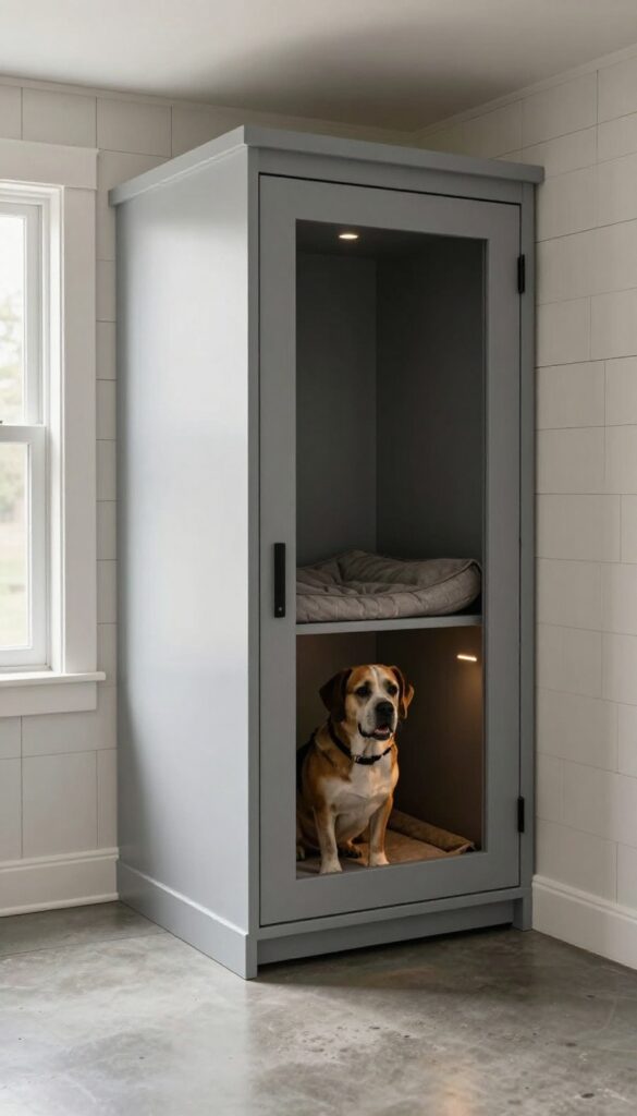 Built-in dog crate blending with basement wall, cabinet door with pet door insert, cozy interior, shiplap walls, natural light.