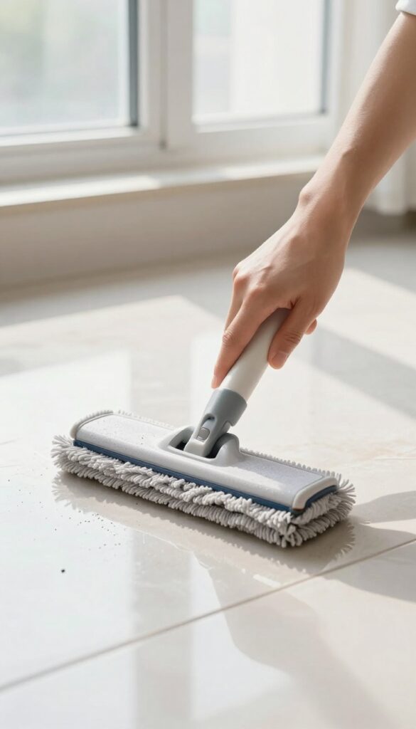 Person mopping a tile floor in a figure-eight pattern with a microfiber mop, bright natural light, clean and shiny floor.