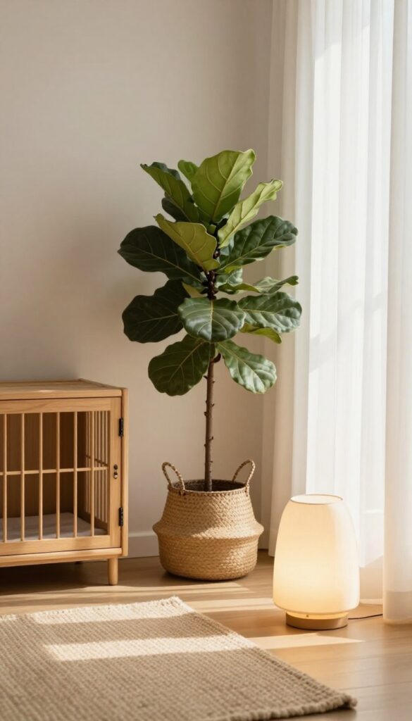 Dog crate in living room corner with tall plant and lamp