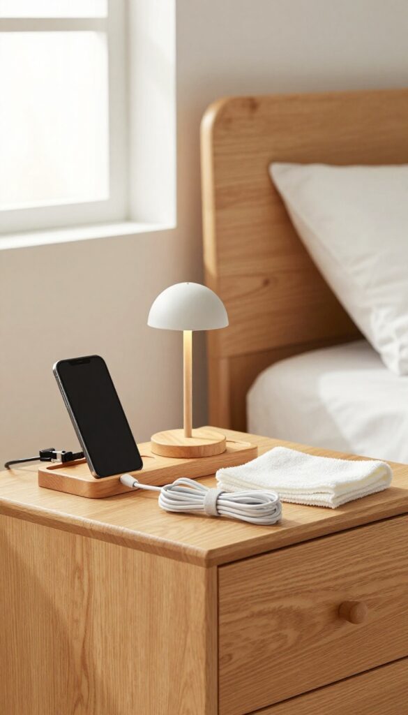 Clean bedroom nightstand with organized electronics and cords