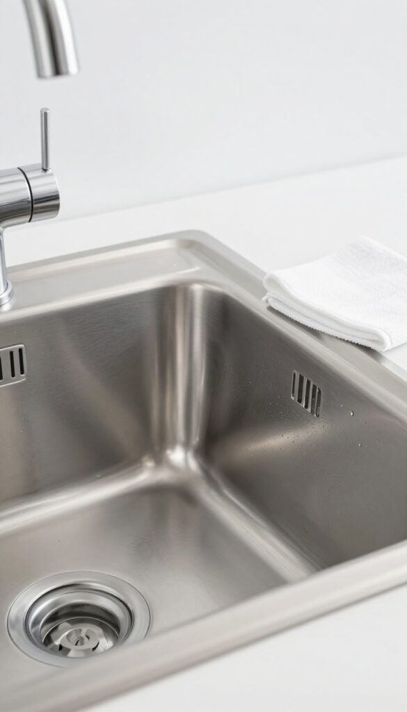 Streak-free stainless steel sink with wax protection, microfiber cloth nearby