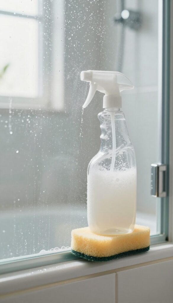 Spraying white vinegar and dish soap solution on a glass shower door