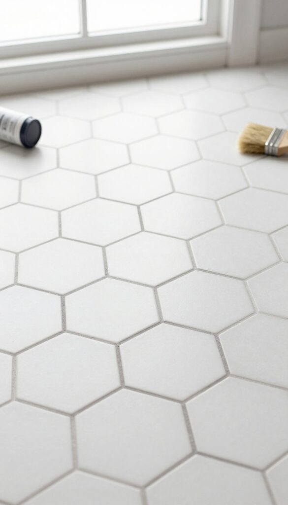 Clean tile floor with freshly colored grout lines and grout colorant supplies