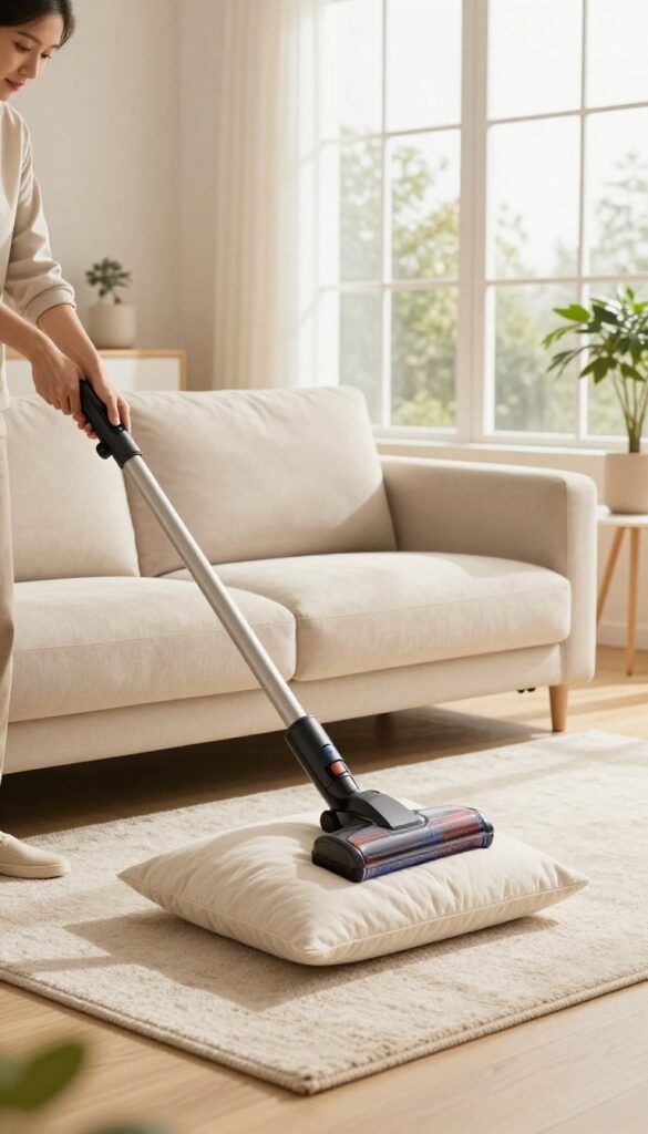 Person vacuuming under sofa cushions in sunlit living room