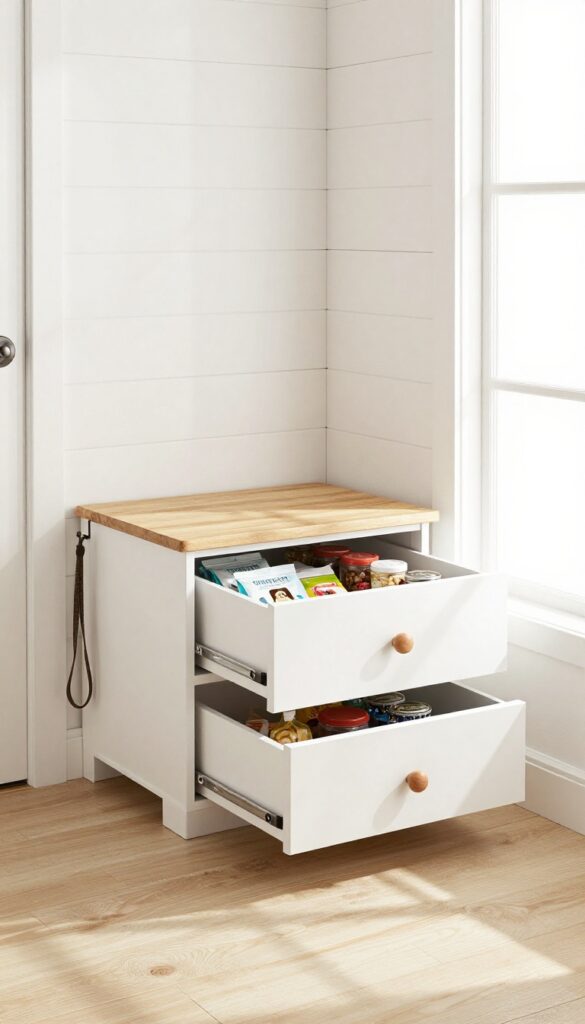 White dog crate with pull-out drawers in a bright mudroom, organized pet storage.